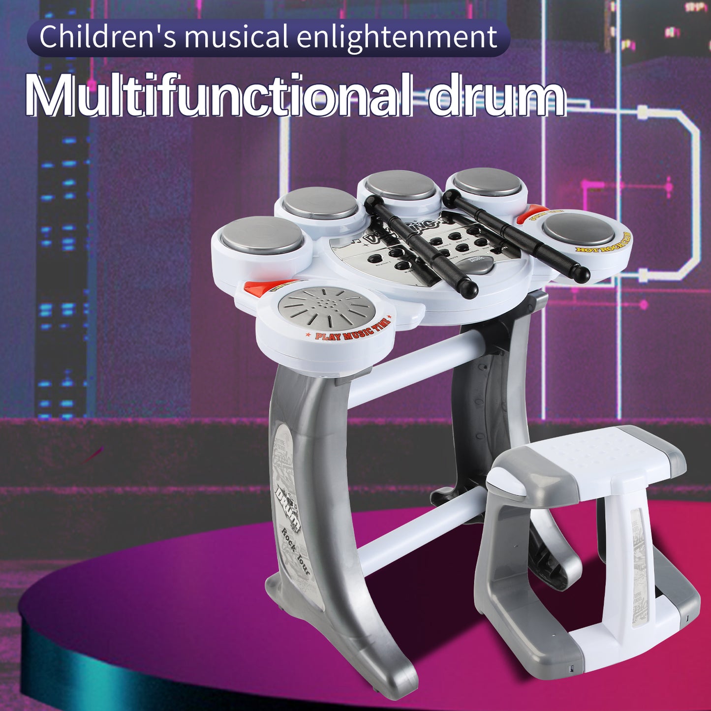 AOQIMITENJOY Drum Set Music Toys with Bracket LED Lighting Children's Toys Birthday Gifts for Boys and Girls 3 Year Old+ HK-5090B