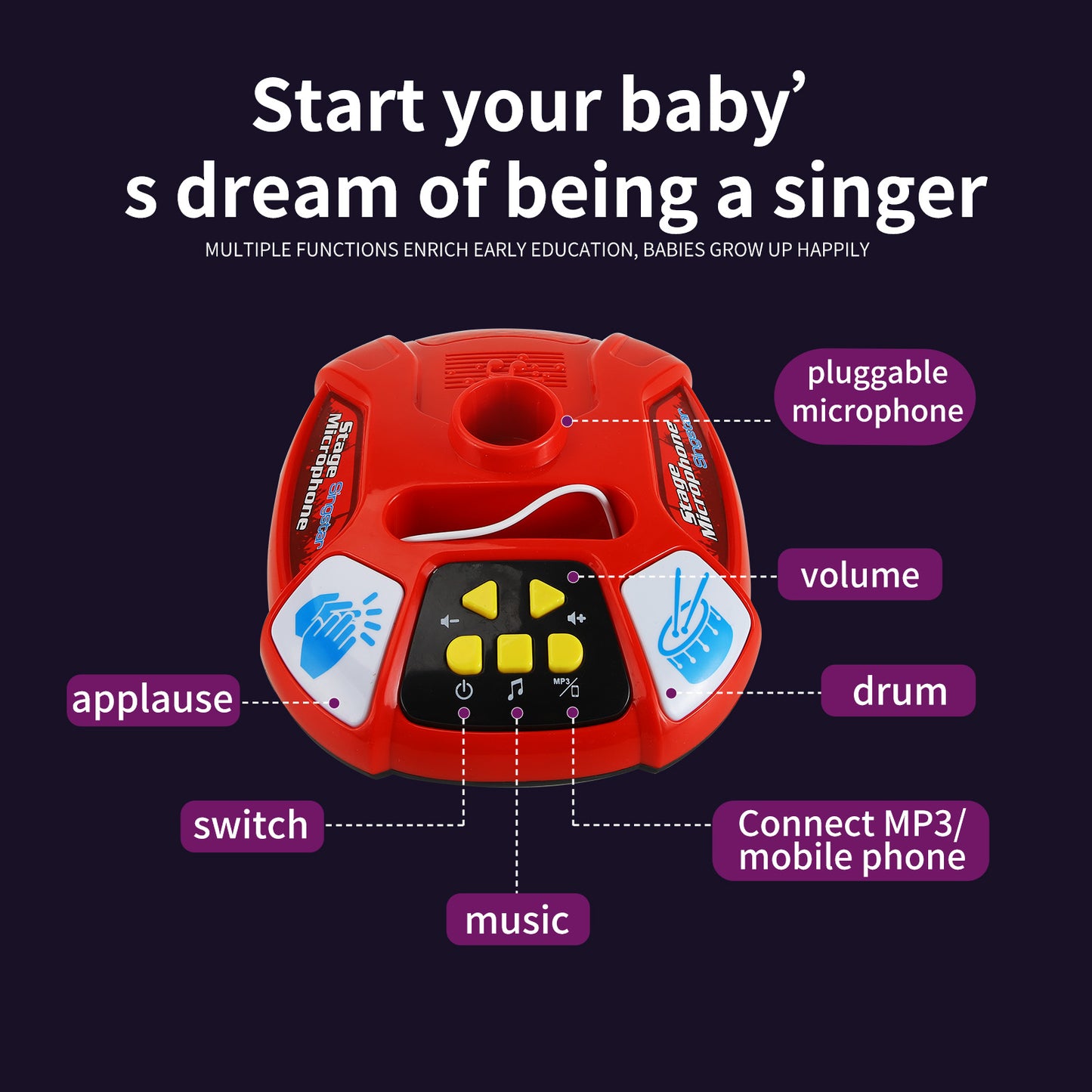 AOQIMITENJOY Musical Instrument Electronic Vertical Microphone Toys LED Lighting Children's Toys Birthday Gifts for Boys and Girls 3 Year Old+ HK-8118