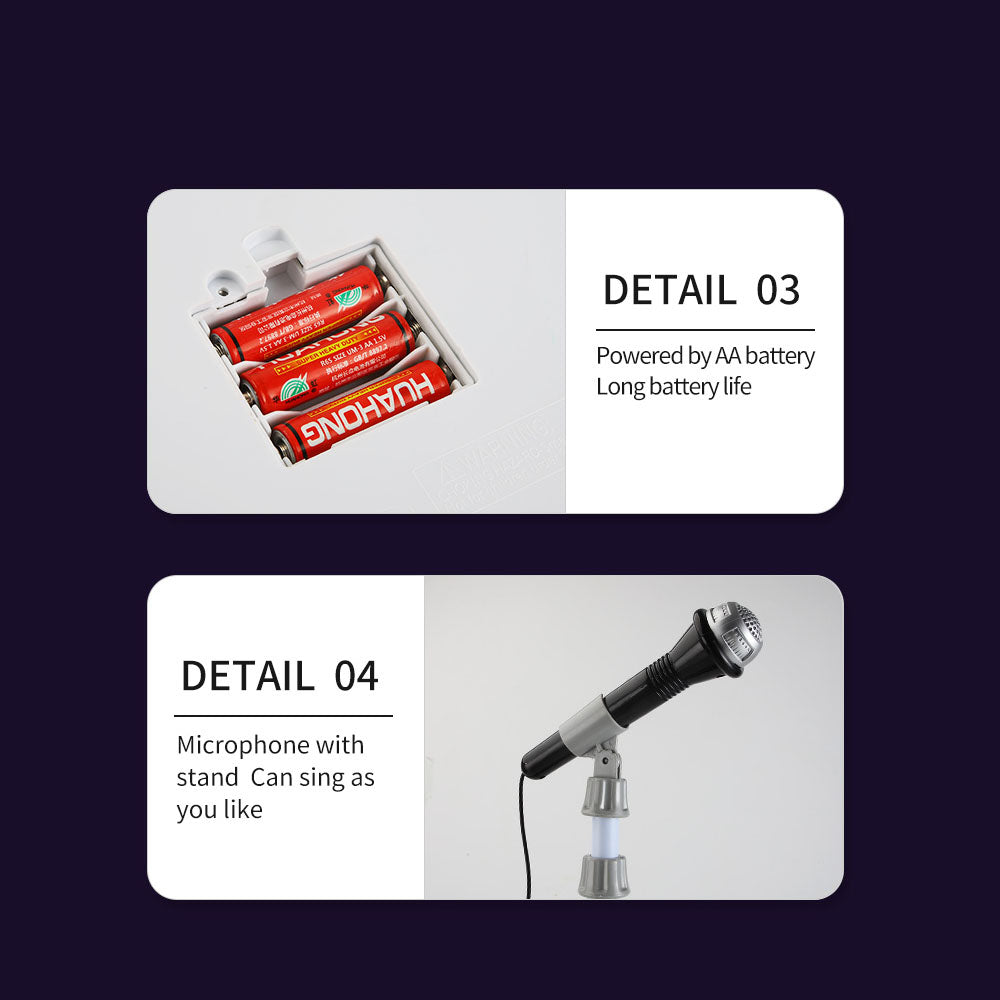 Components of a children's guitar kit showing the battery compartment with AA batteries and a microphone with a stand.