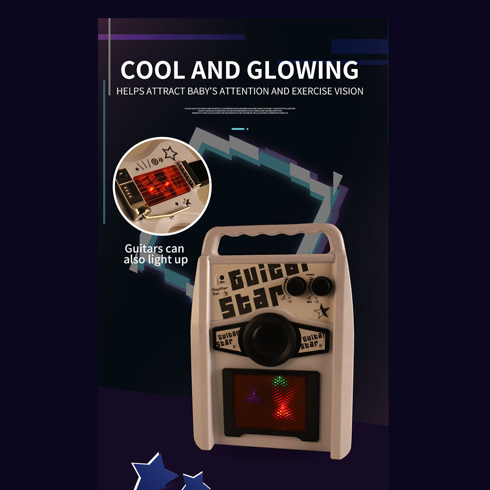 The children's electric guitar kit with a focus on the glowing features of the guitar and amplifier, aimed at attracting a child's attention and stimulating visual development.