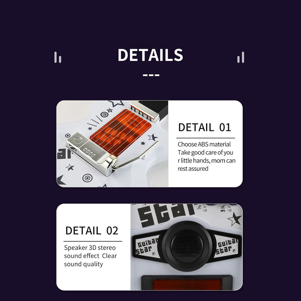 Close-up details of a children's guitar kit highlighting the ABS material of the guitar for safety and the speaker's 3D stereo sound quality.