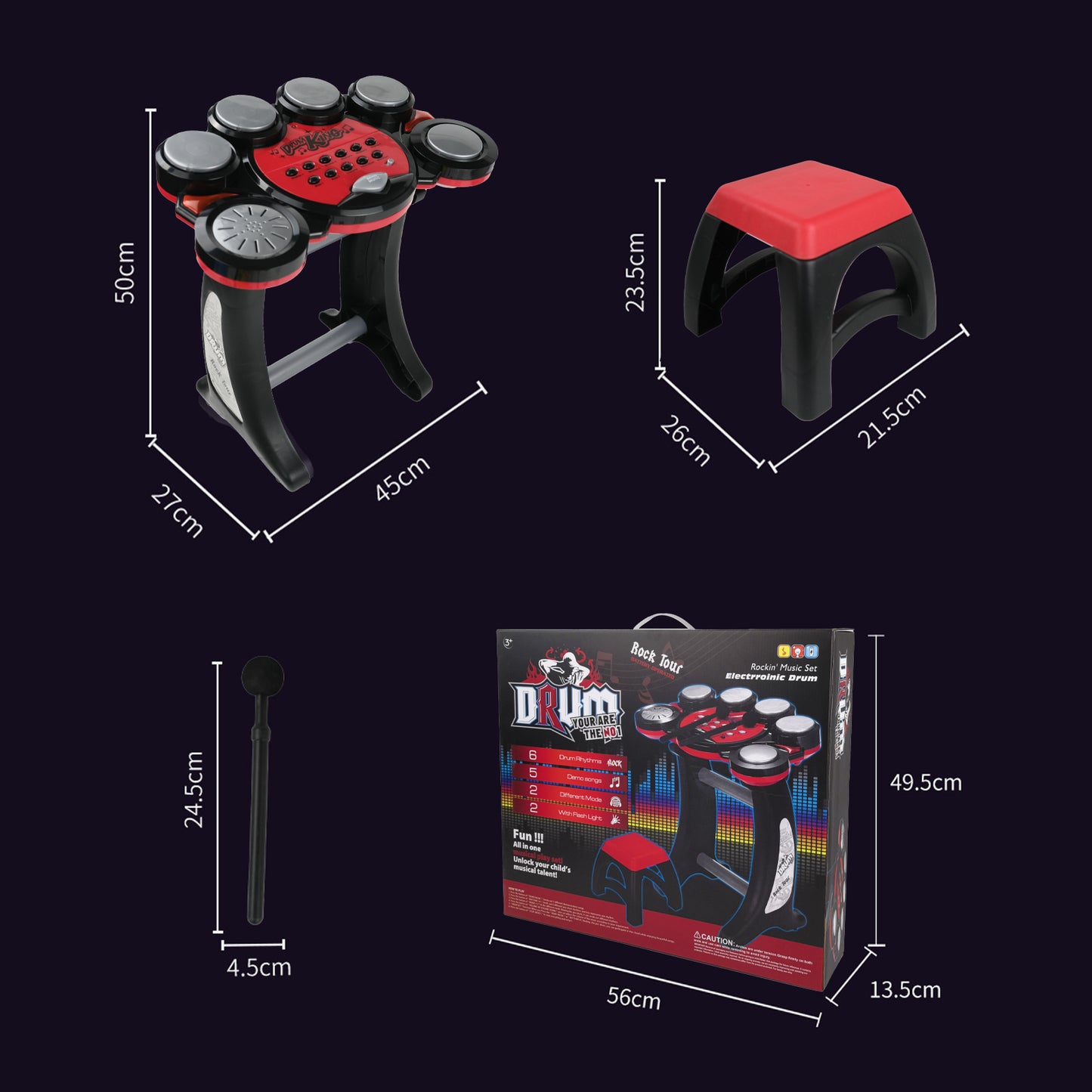 AOQIMITENJOY Drum Set Music Toys with Bracket LED Lighting Children's Toys Birthday Gifts for Boys and Girls 3 Year Old+ HK-5090B