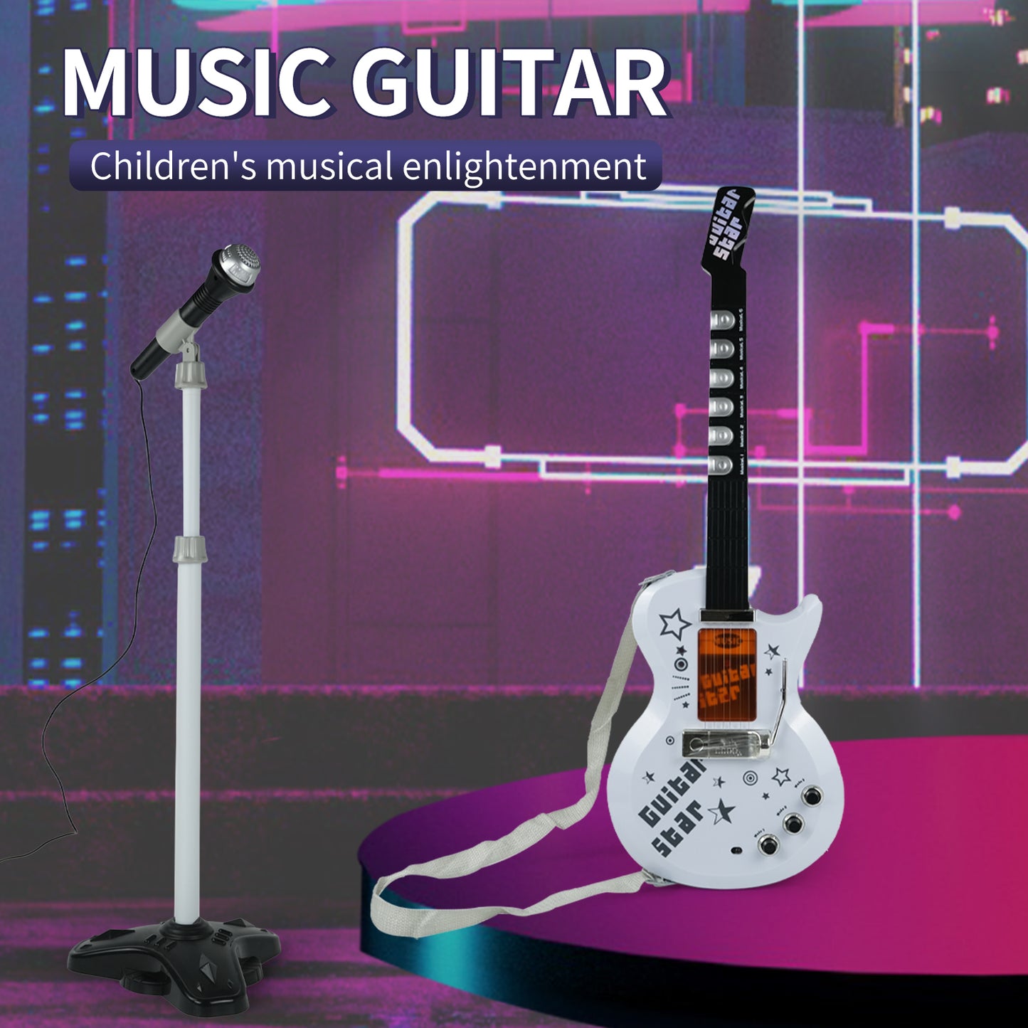 AOQIMITENJOY Musical Instrument Electronic Guitar Set Toys with Vertical Microphone LED Lighting Karaoke Birthday Gifts for Boys and Girls 3 Year Old+ HK-9010C