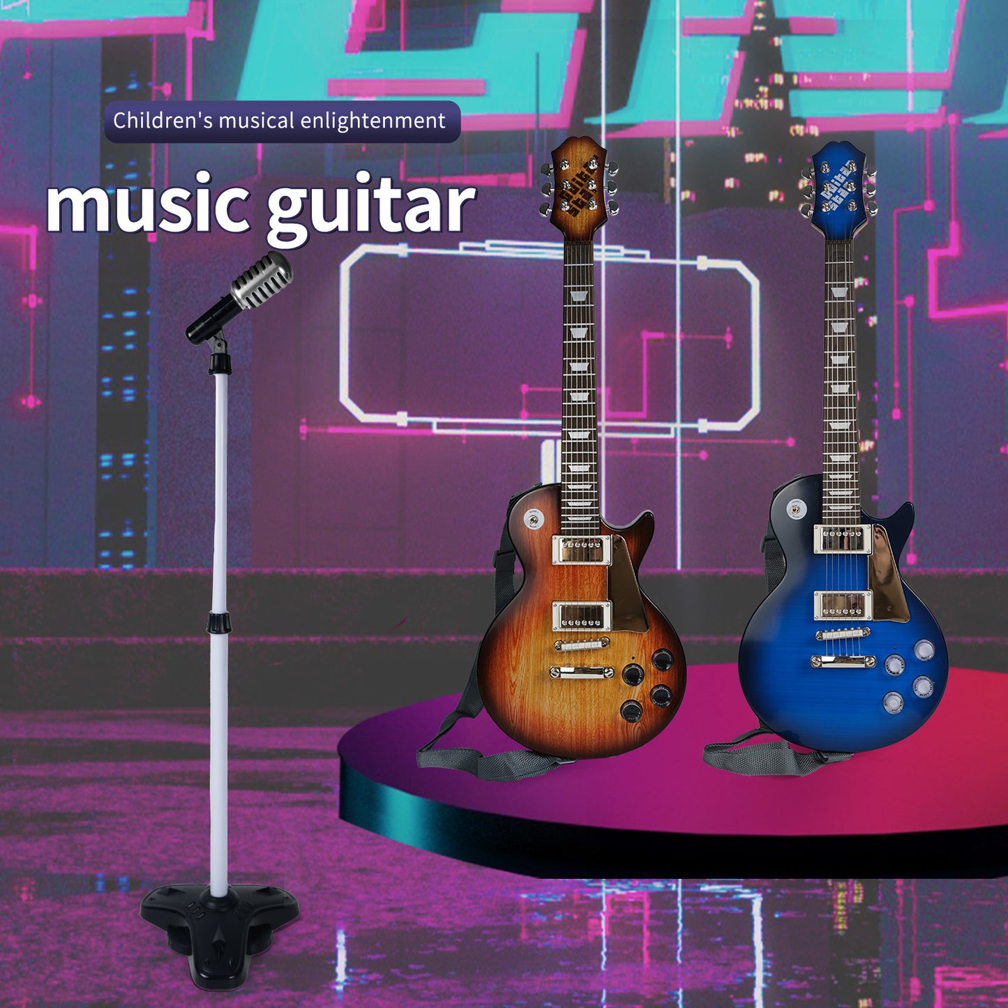 AOQIMITENJOY Musical Instrument Electronic Guitar Toys with Vertical Microphone LED Lighting Karaoke Birthday Gifts for Boys and Girls 3 Year Old+ HK-9178C