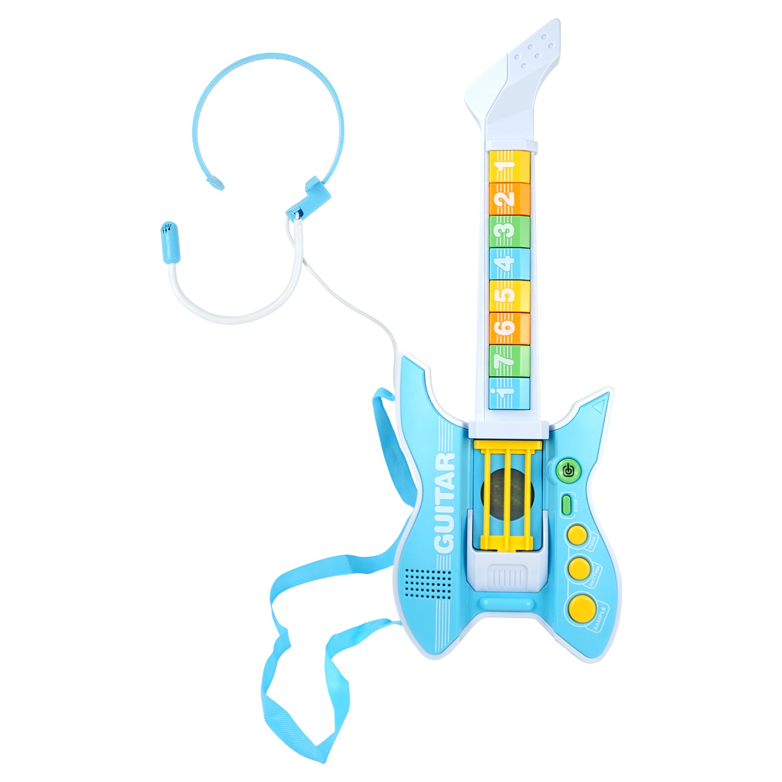 Blue music guitar with microphone dimensions and specifications.