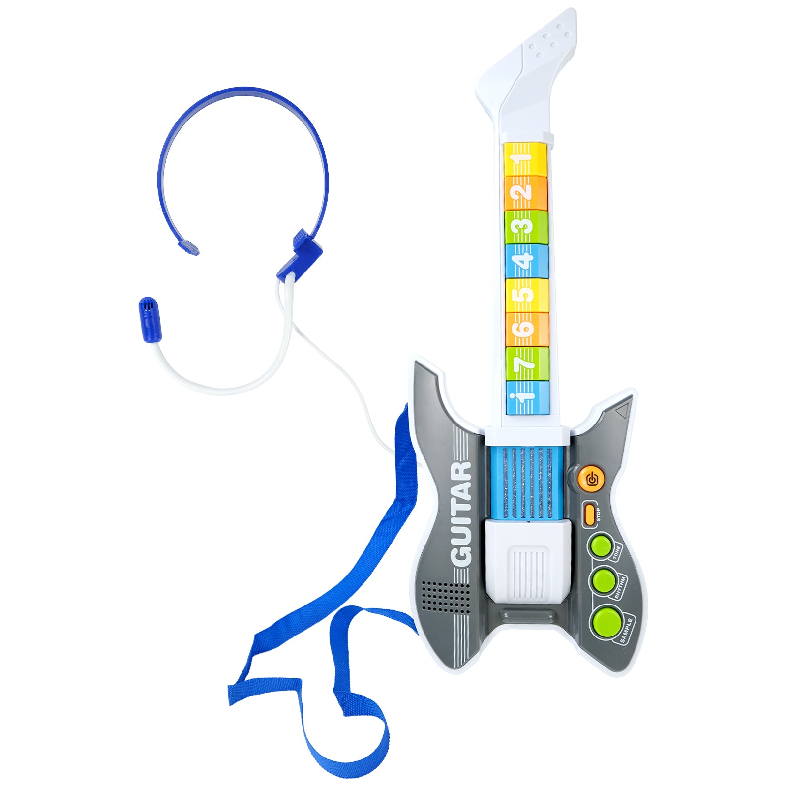 Black music guitar with microphone dimensions and specifications.