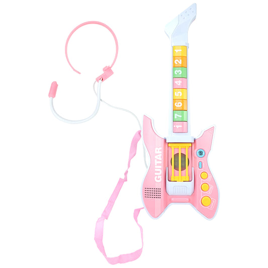 Pink music guitar with microphone dimensions and specifications.