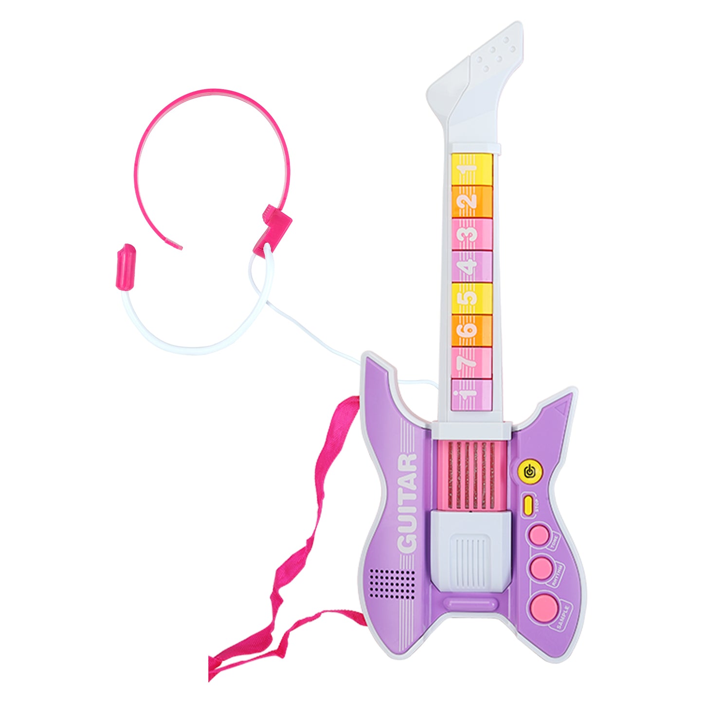 Pink Purple music guitar with microphone dimensions and specifications.