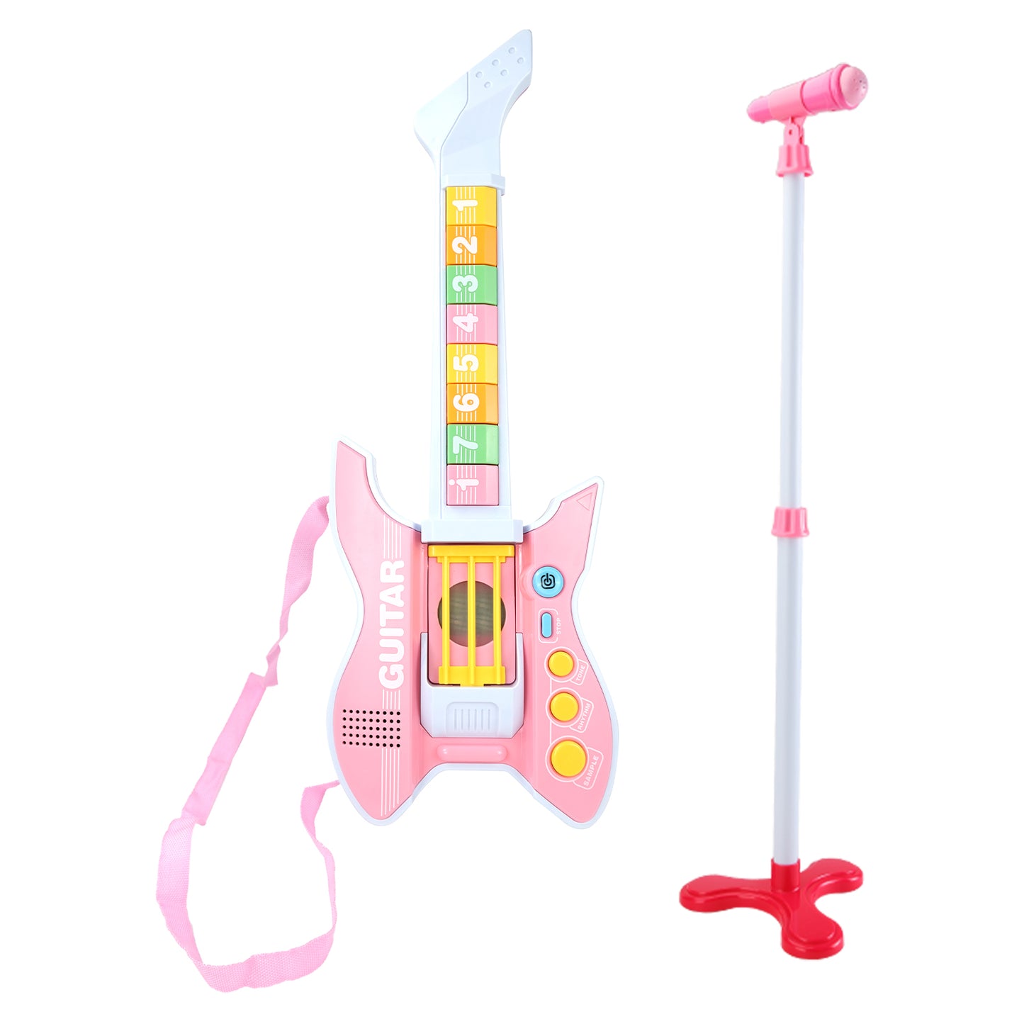 AOQIMITENJOY Musical Instrument Electronic Guitar Toys with Vertical Microphone LED Lighting Karaoke Birthday Gifts for Boys and Girls 3 Year Old+ HK-8178C