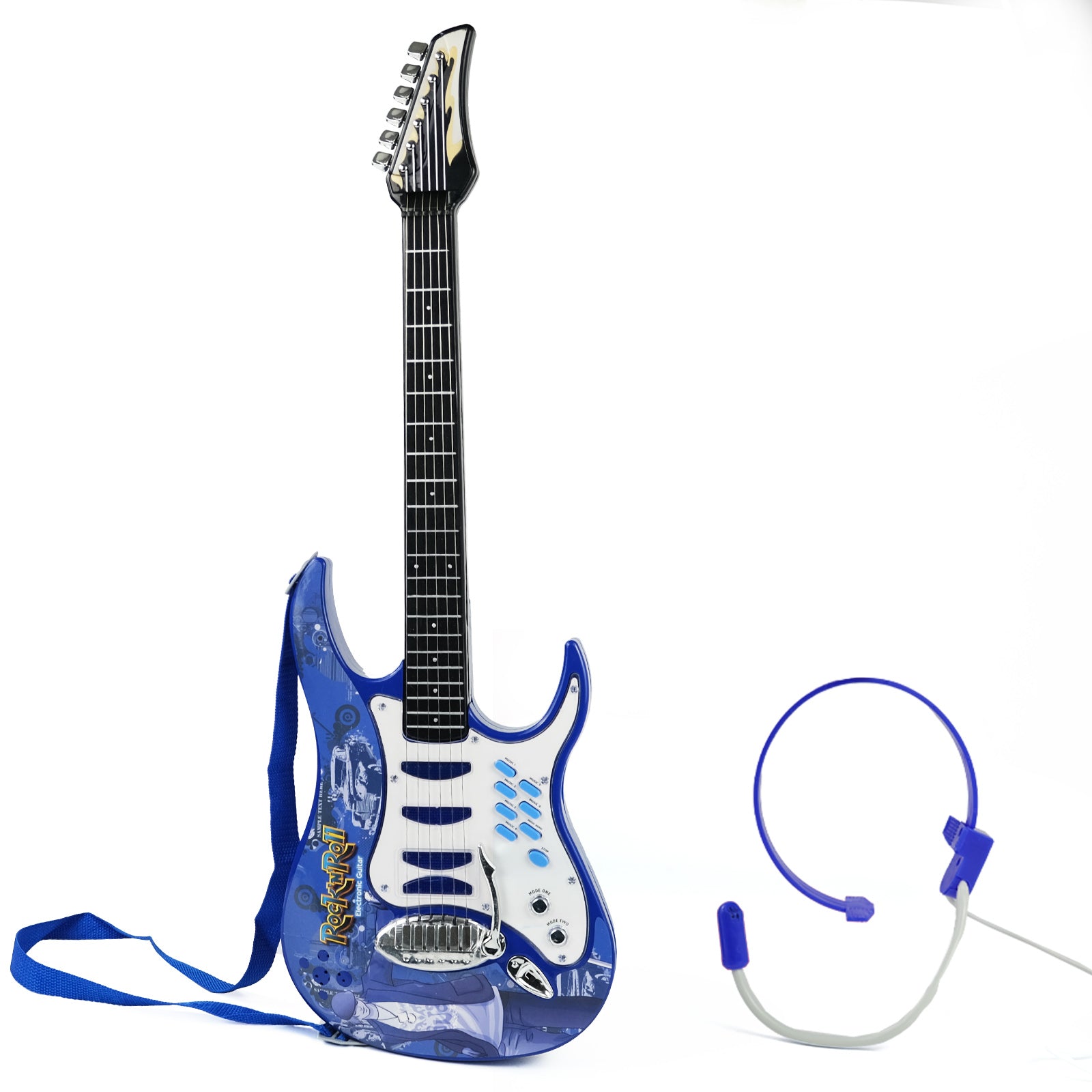 Blue Aoqimitenjoy electric guitar with microphone, designed for children's musical enlightenment.