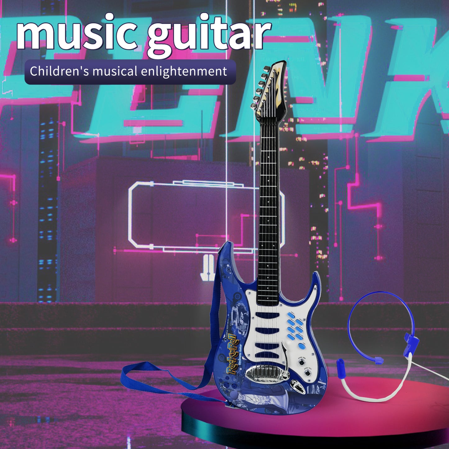Aoqimitenjoy electric guitar with microphone and LED lights, perfect for kids' karaoke fun.