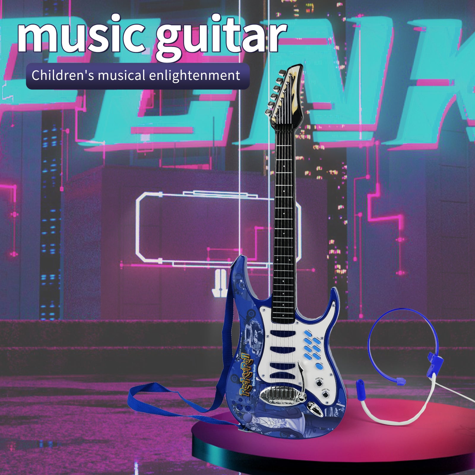 Aoqimitenjoy electric guitar with microphone and LED lights, perfect for kids' karaoke fun.
