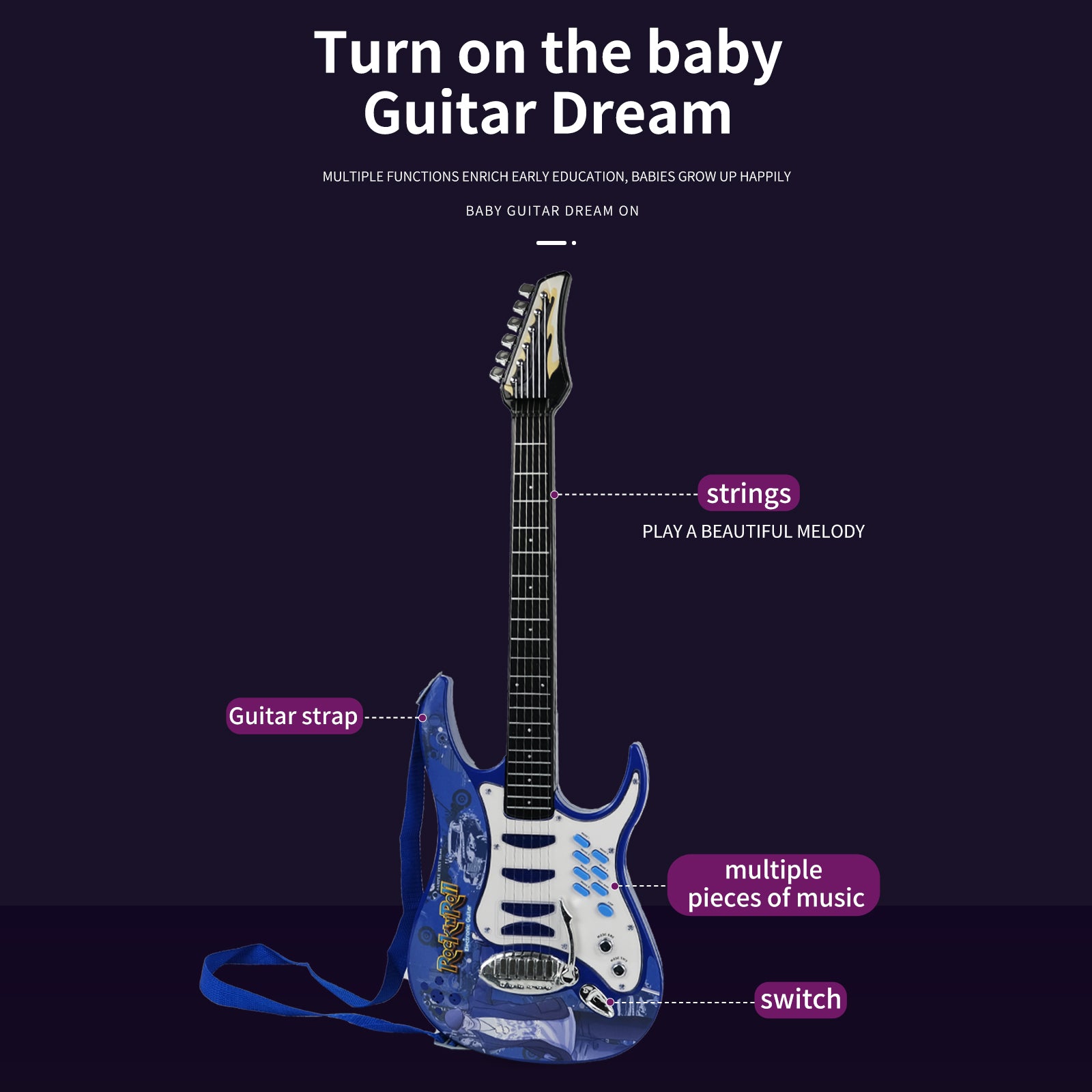 Turn on the baby guitar dream with Aoqimitenjoy electric guitar featuring multiple pieces of music and a microphone.