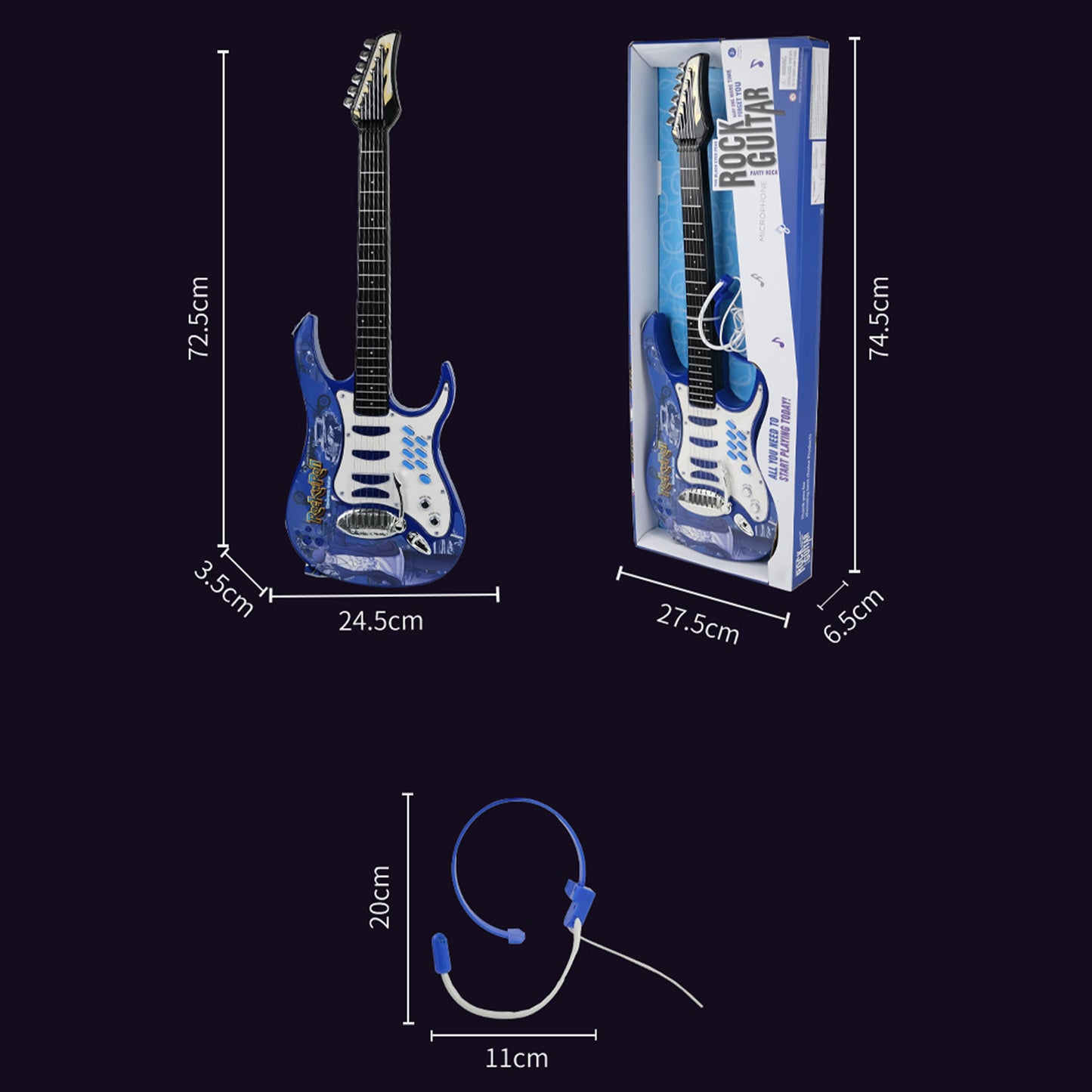 Detailed dimensions and packaging of the Aoqimitenjoy electric guitar with a microphone, designed for kids.