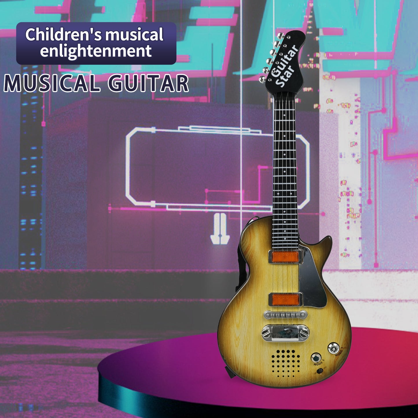 AOQIMITENJOY electric guitar for beginners with wood grain finish, perfect for young musicians.