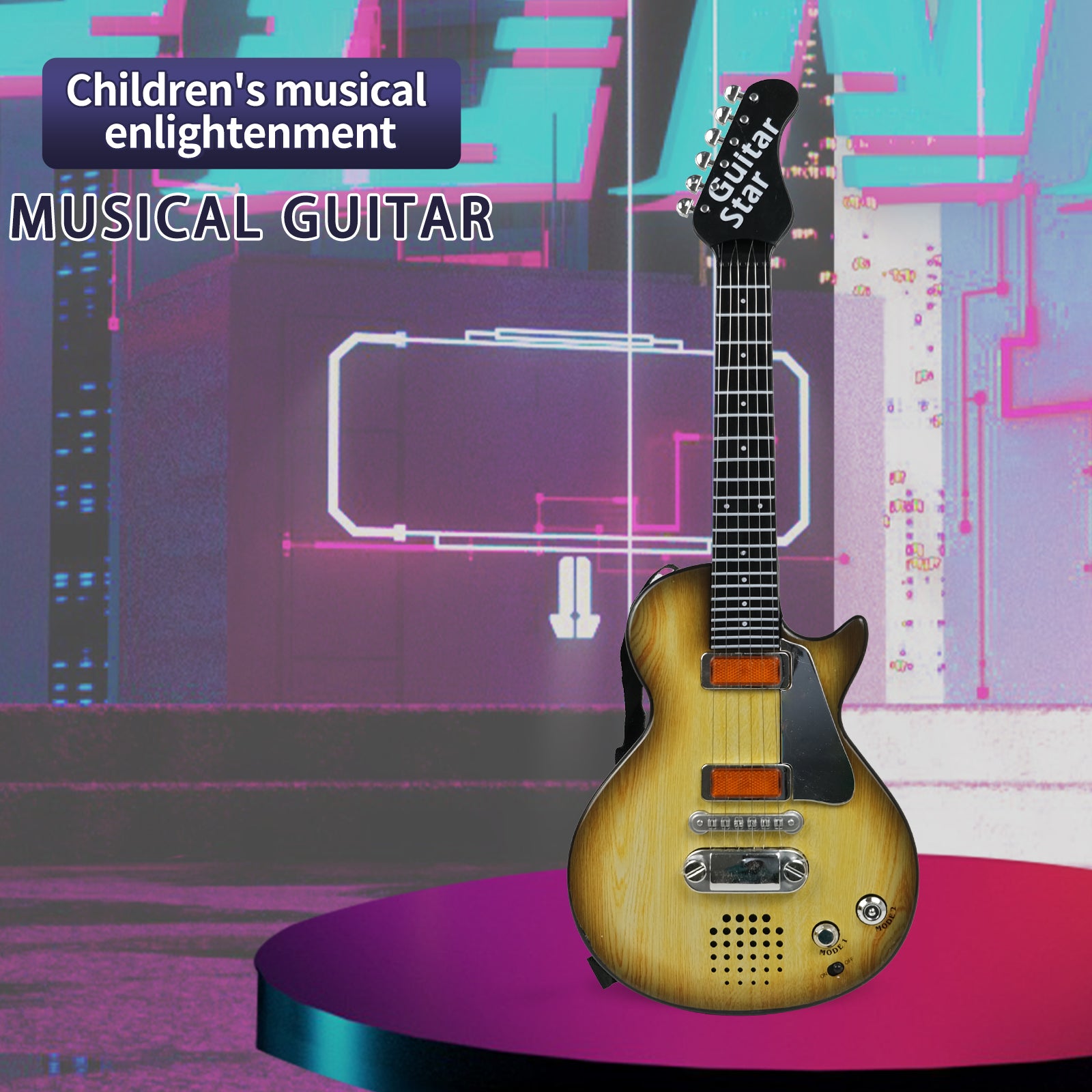AOQIMITENJOY electric guitar for beginners with wood grain finish, perfect for young musicians.