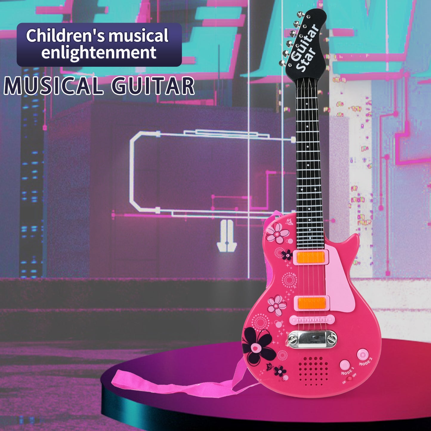 Display of Aoqimitenjoy electric guitar with microphone, highlighting children's musical enlightenment features.