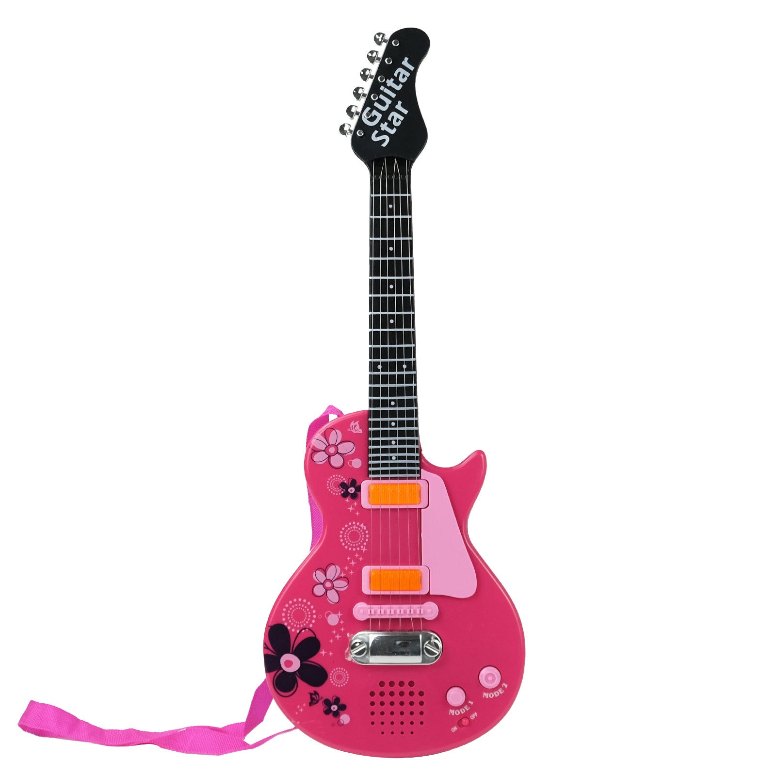 Front view of Aoqimitenjoy electric guitar with microphone, featuring pink color and floral design.