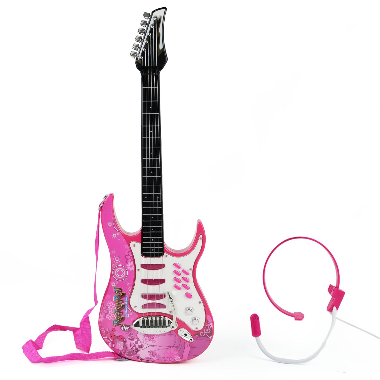 Pink Aoqimitenjoy electric guitar with microphone, perfect for young girls' musical talent development.