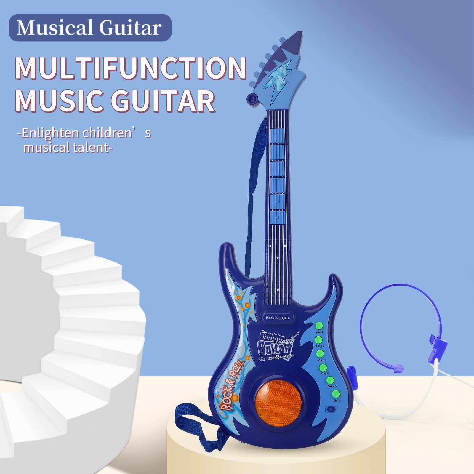 AOQIMITENJOY electric guitar with microphone, featuring LED lighting and multifunctional buttons for kids' musical talent development.