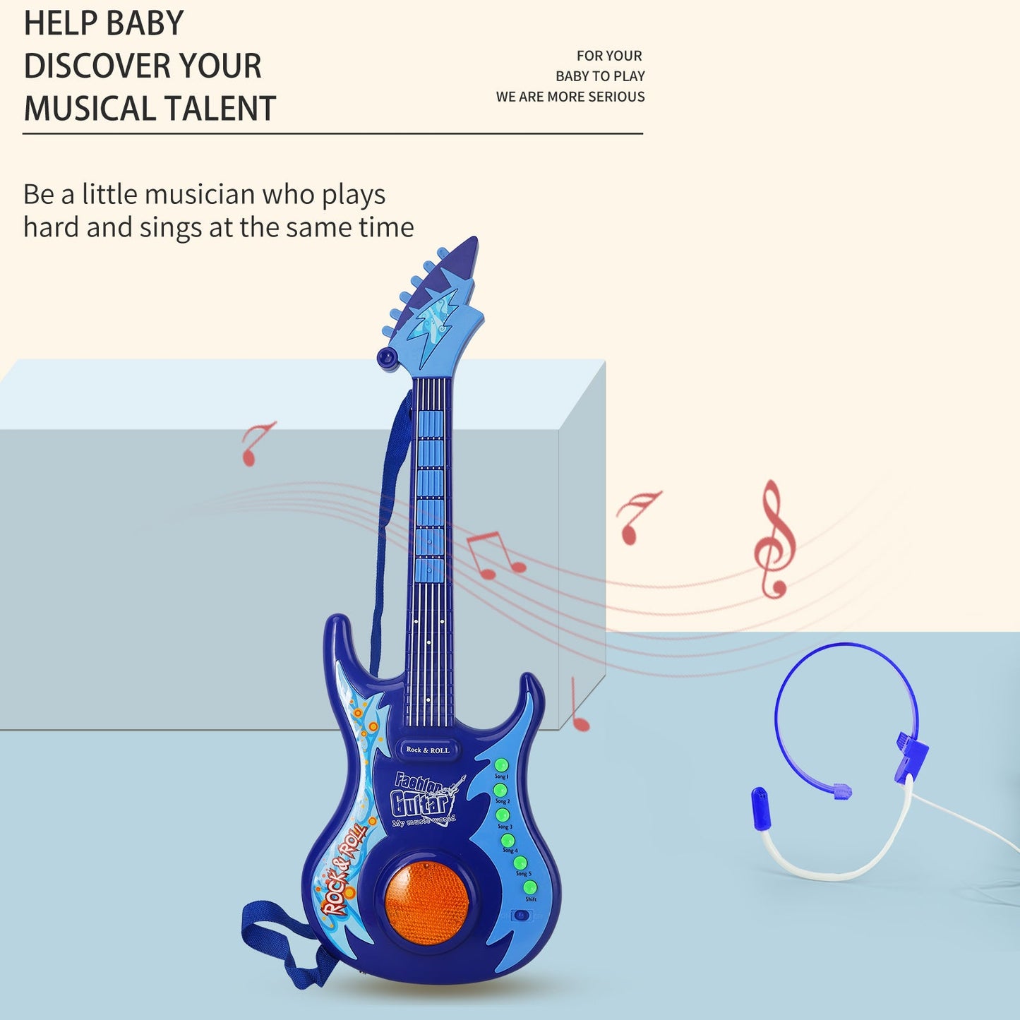 Help your baby discover musical talent with the AOQIMITENJOY electric guitar and microphone set, perfect for playing and singing.