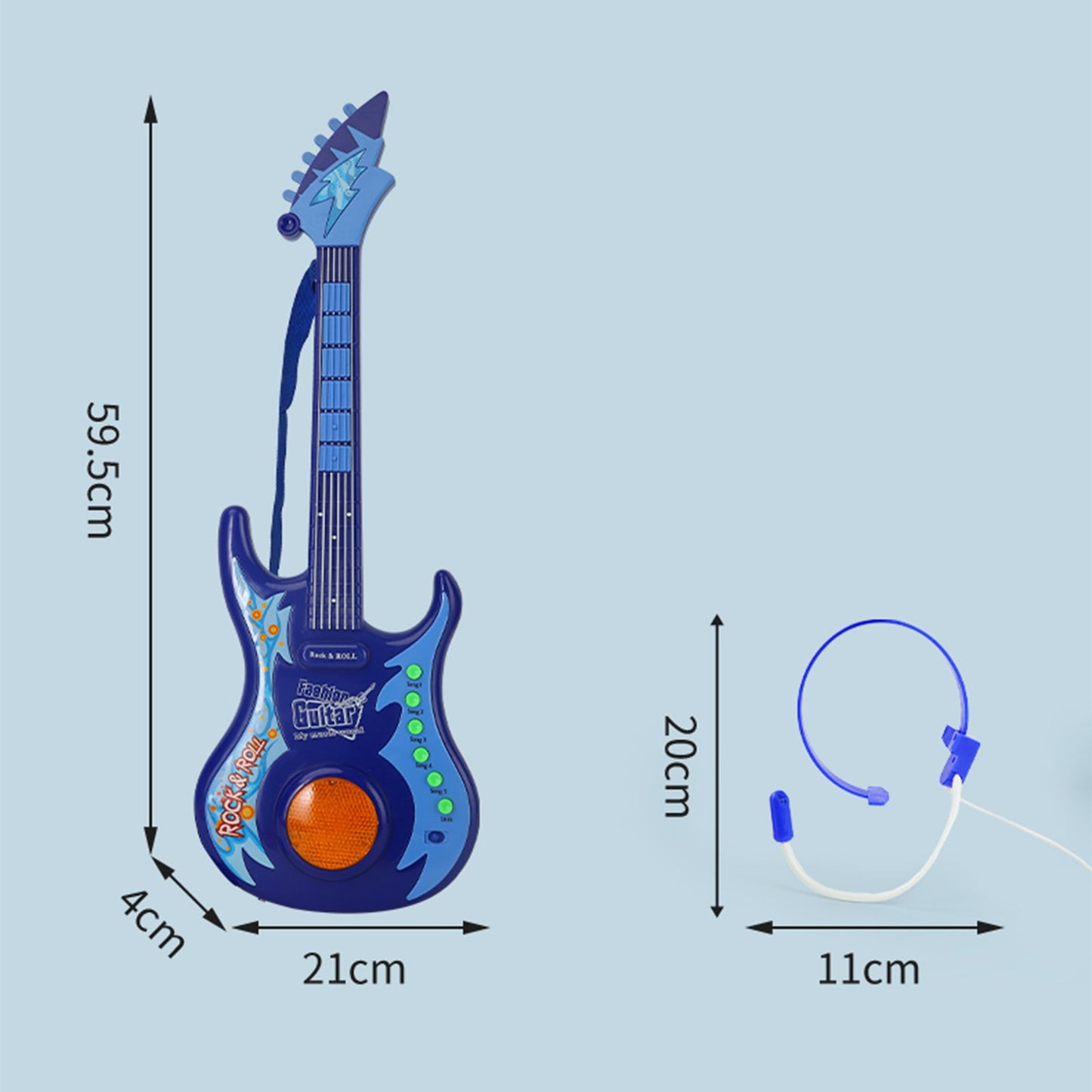 Dimensions of the AOQIMITENJOY electric guitar with microphone for kids, showing its size and design features.