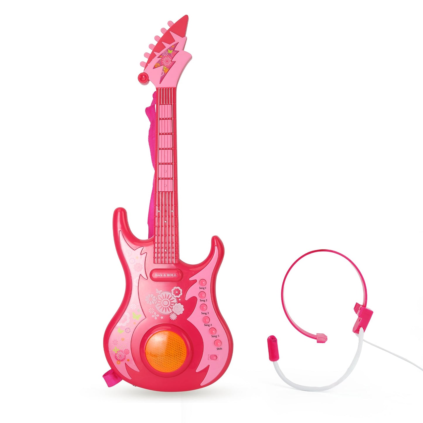 Pink AOQIMITENJOY electric guitar with microphone, designed for girls with LED lighting and built-in songs.