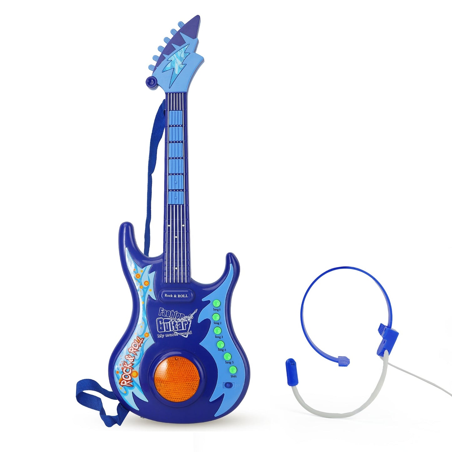 Blue AOQIMITENJOY electric guitar with microphone, featuring multifunctional buttons and LED lighting for kids.