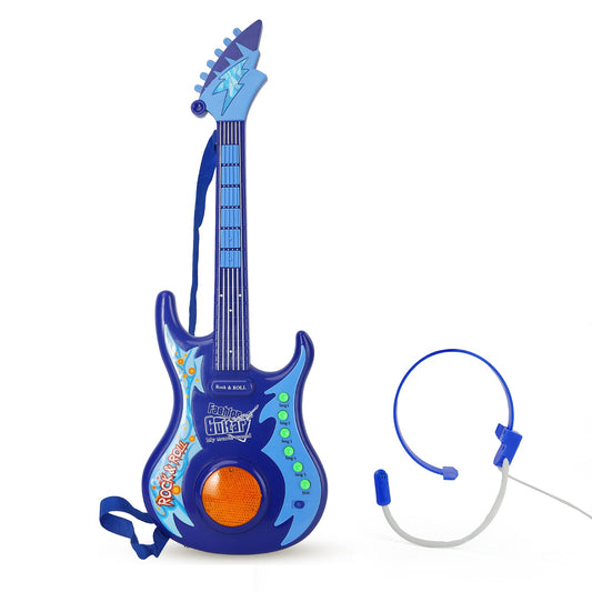 Blue AOQIMITENJOY electric guitar with microphone, featuring multifunctional buttons and LED lighting for kids.