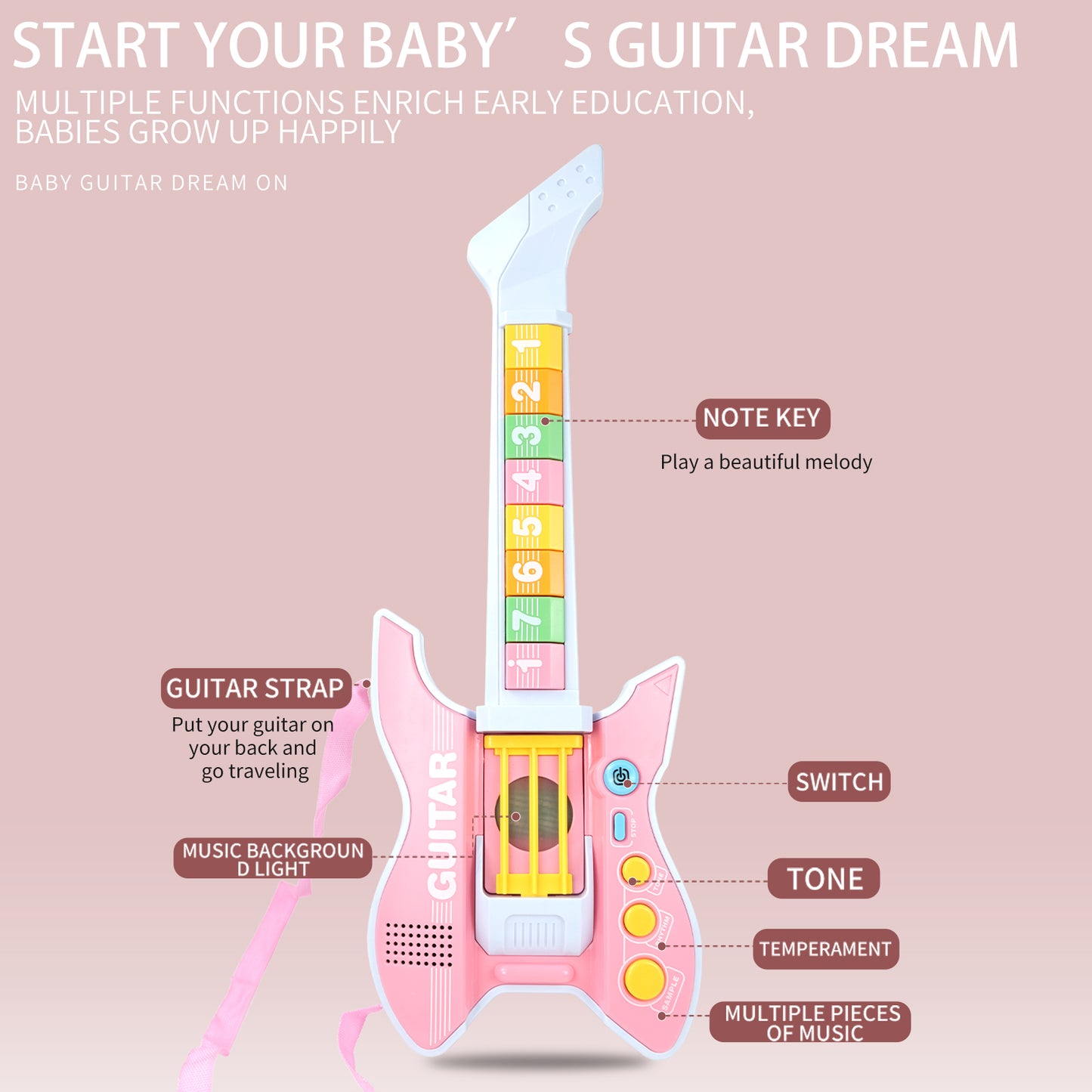 Baby's dream guitar with multiple functions for early education.