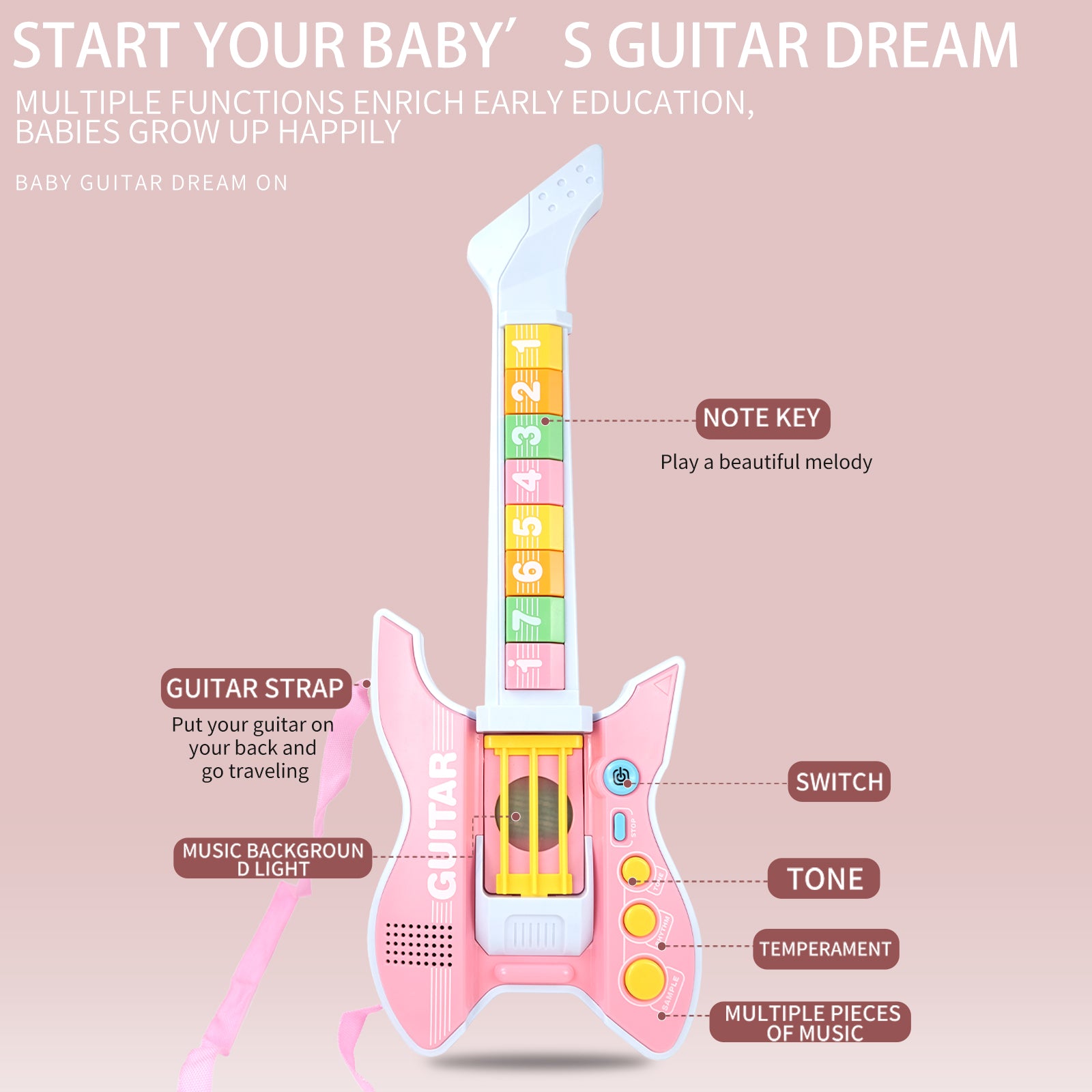 Baby's dream guitar with multiple functions for early education.