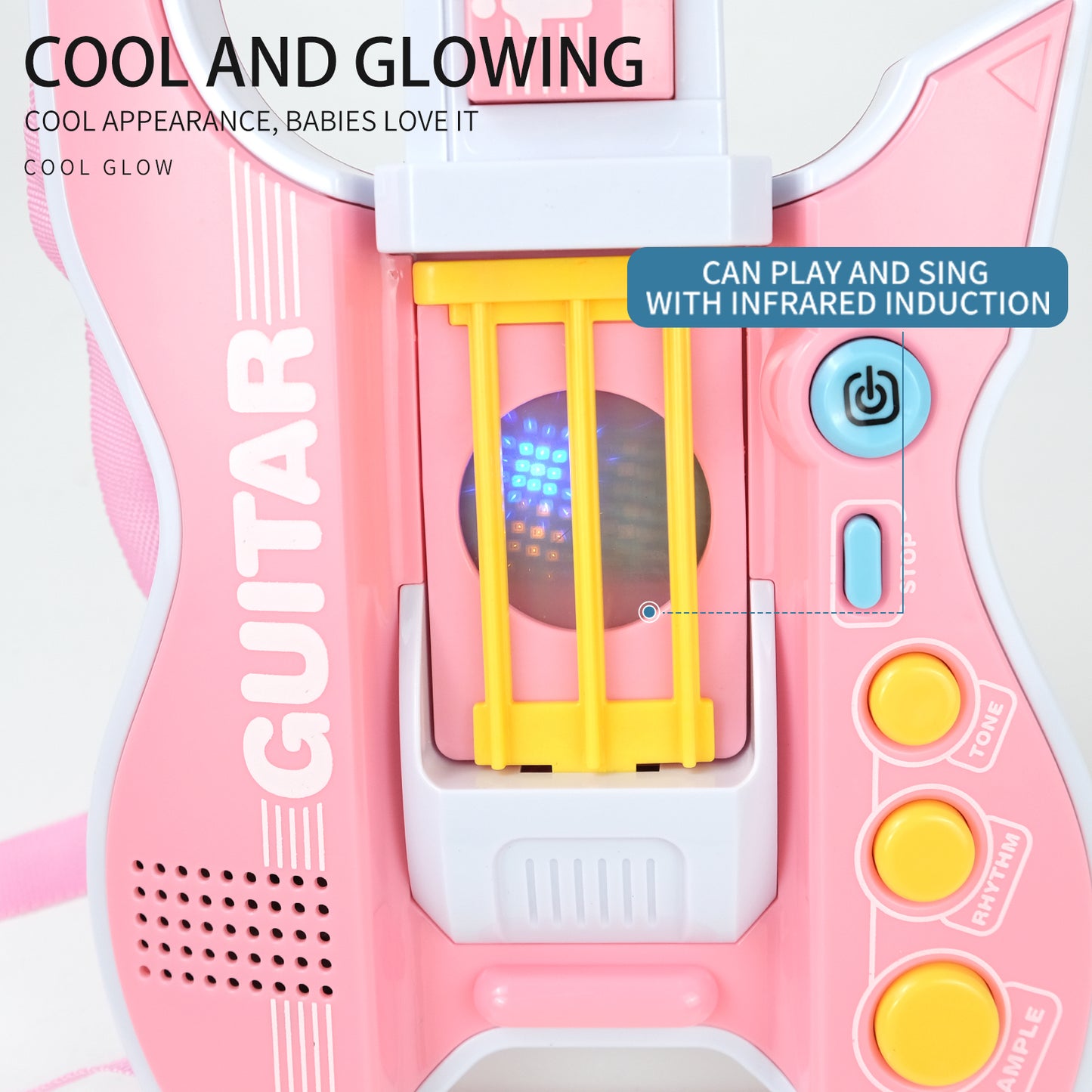 Close-up of a glowing children’s music guitar with infrared induction.