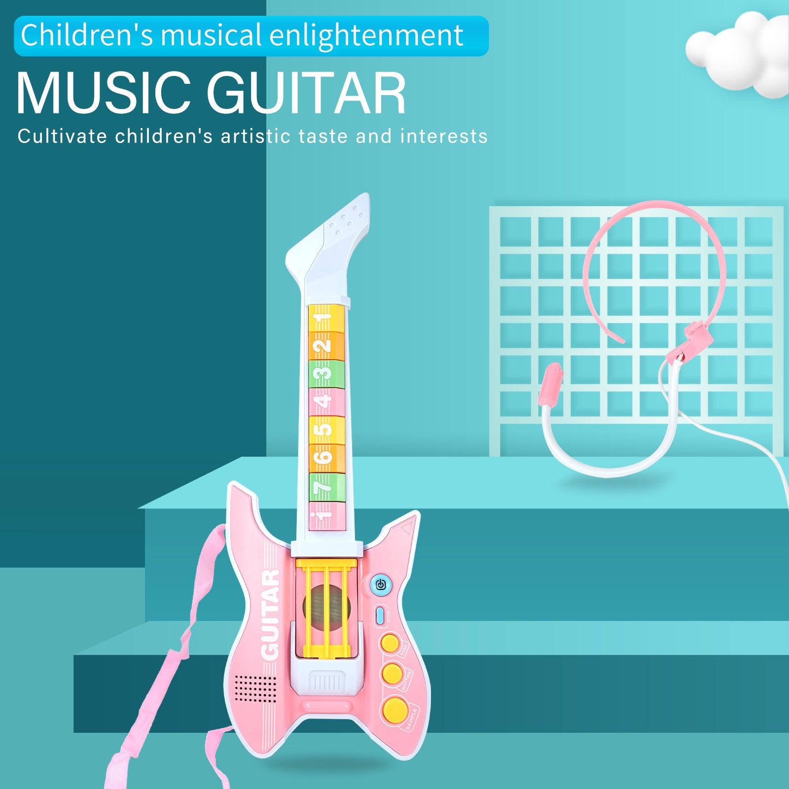 Children's music guitar with microphone for artistic development.