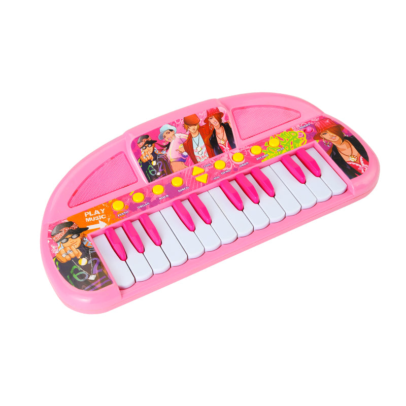 Key analysis of a blue electric keyboard piano, illustrating the light, instrument tone key, and volume adjustment.