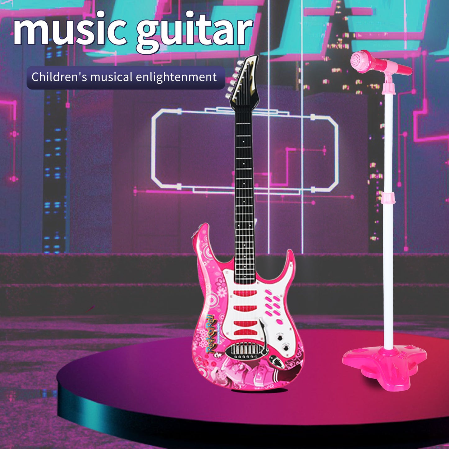 AOQIMITENJOY Musical Instrument Electronic Guitar Toys with Vertical Microphone LED Lighting Karaoke Birthday Gifts for Boys and Girls 3 Year Old+ HK-8010C