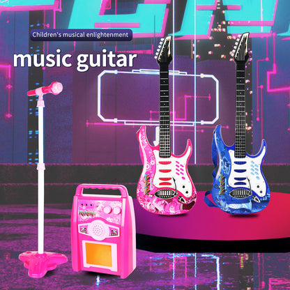 AOQIMITENJOY Musical Instrument Electronic Guitar Set Toys with Vertical Microphone and Speaker LED Lighting Karaoke Birthday Gifts for Boys and Girls 3 Year Old+ HK-8010D