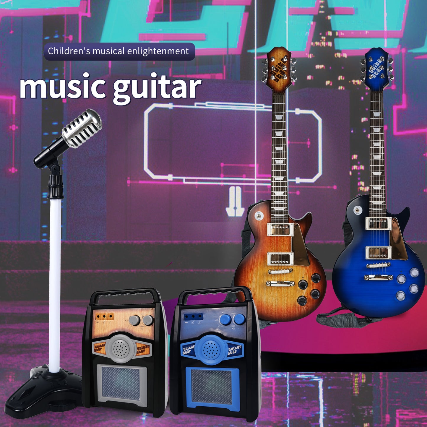 AOQIMITENJOY Musical Instrument Electronic Guitar Set Toys with Vertical Microphone and Speaker LED Lighting Karaoke Birthday Gifts for Boys and Girls 3 Year Old+ HK-9178D2