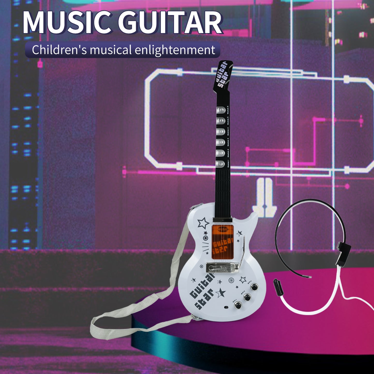 AOQIMITENJOY Musical Instrument Electronic Guitar Set Toys with Vertical Microphone and Speaker LED Lighting Karaoke Birthday Gifts for Boys and Girls 3 Year Old+ HK-9010E
