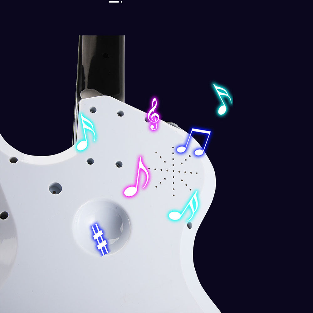 Part of the children's electric guitar showing glowing musical notes, indicating the interactive light-up feature that enhances the play experience.