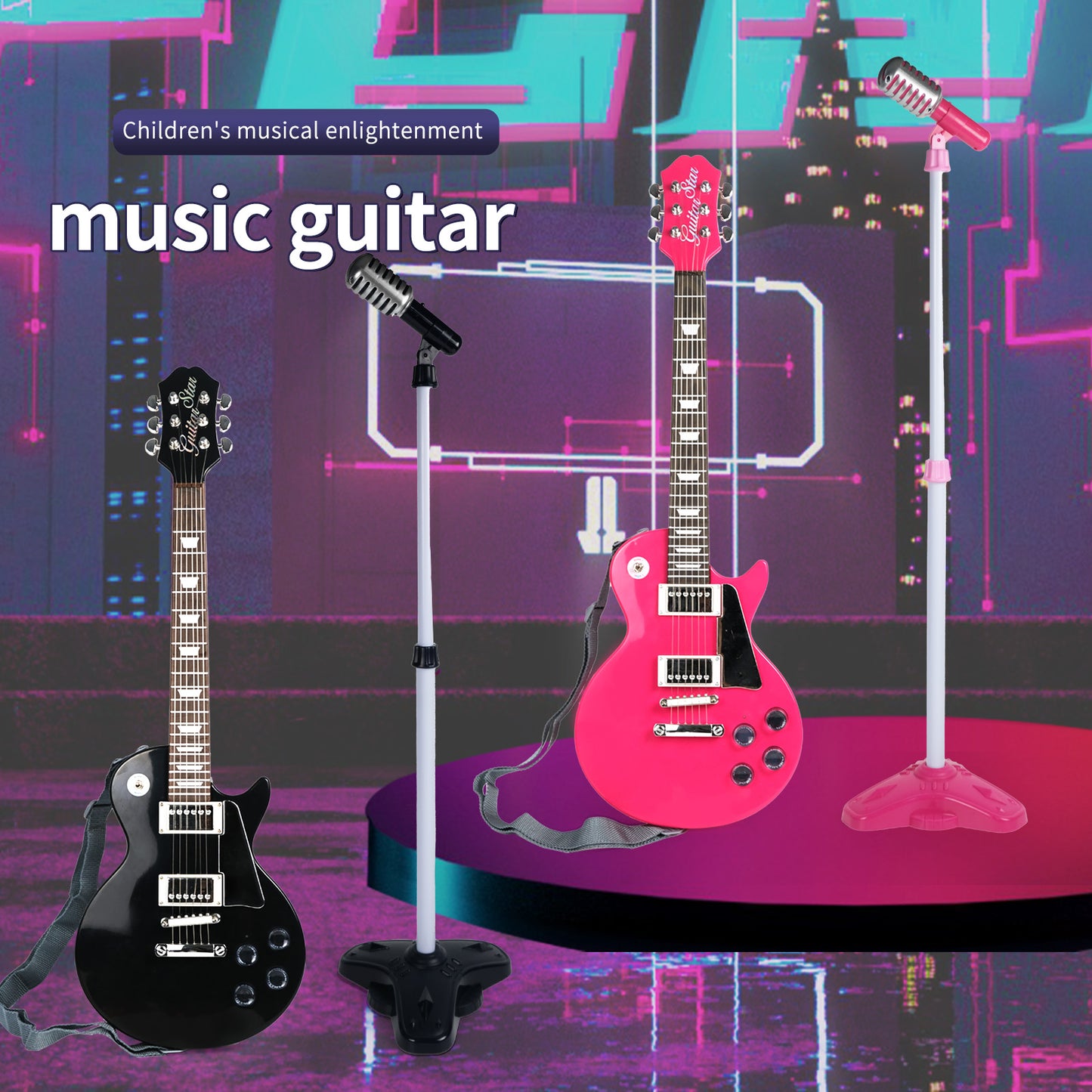 AOQIMITENJOY Musical Instrument Electronic Guitar Toys with Vertical Microphone LED Lighting Karaoke Birthday Gifts for Boys and Girls 3 Year Old+ HK-9178CS