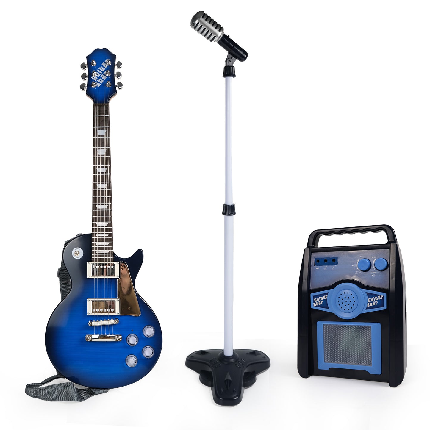 AOQIMITENJOY Musical Instrument Electronic Guitar Set Toys with Vertical Microphone and Speaker LED Lighting Karaoke Birthday Gifts for Boys and Girls 3 Year Old+ HK-9178D2