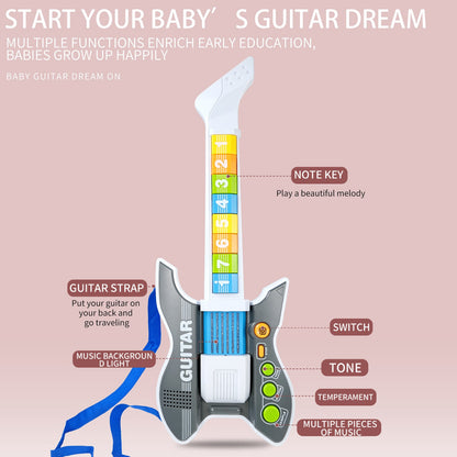 Beginner electric guitar toy features diagram, highlighting note keys, switch, tone, temperament, music options, and guitar strap.