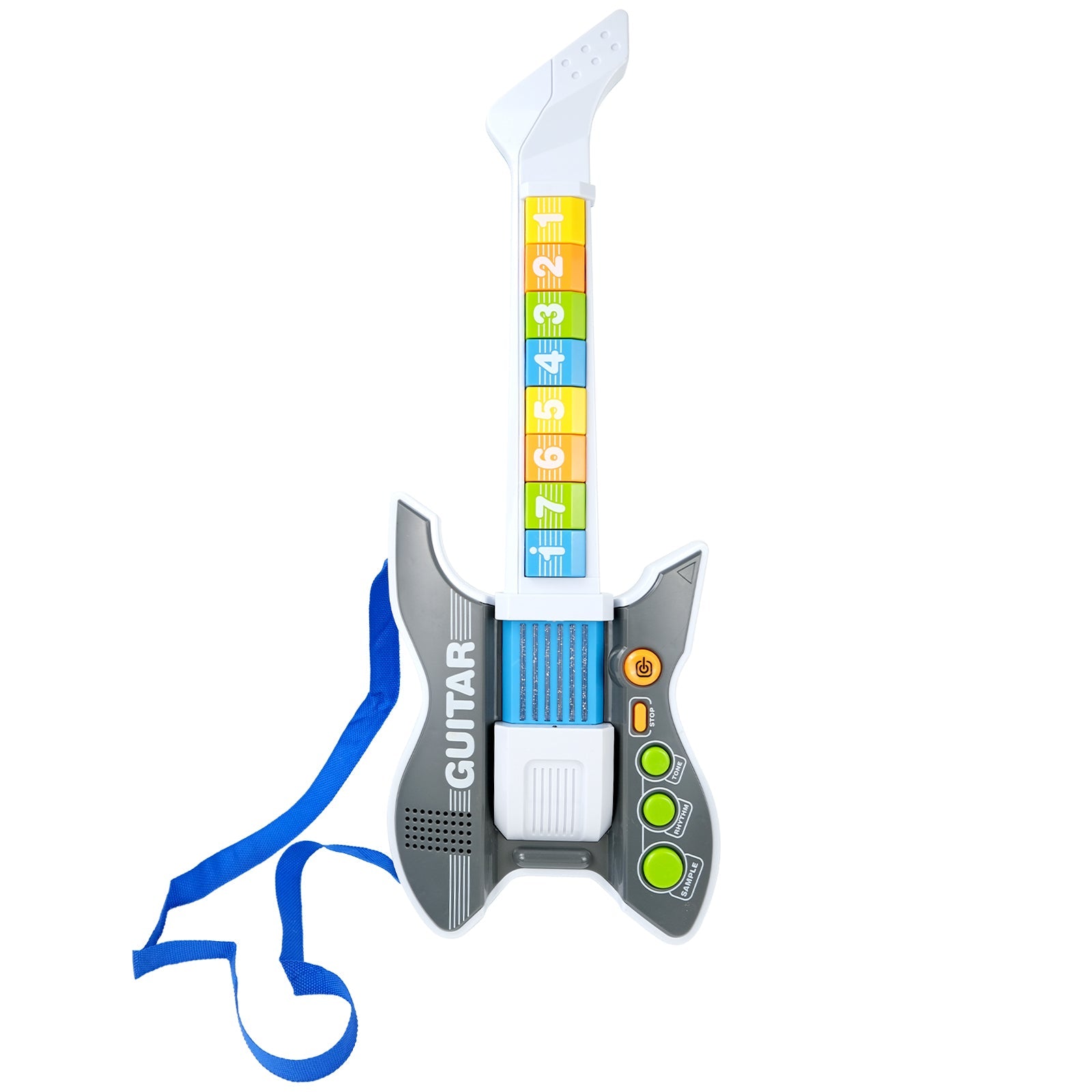 Beginner electric guitar toy with colorful numbered keys and blue strap, designed for children's musical education.