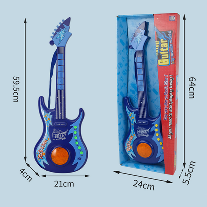 Blue electric guitar for kids, showing the dimensions and packaging, perfect for beginners.