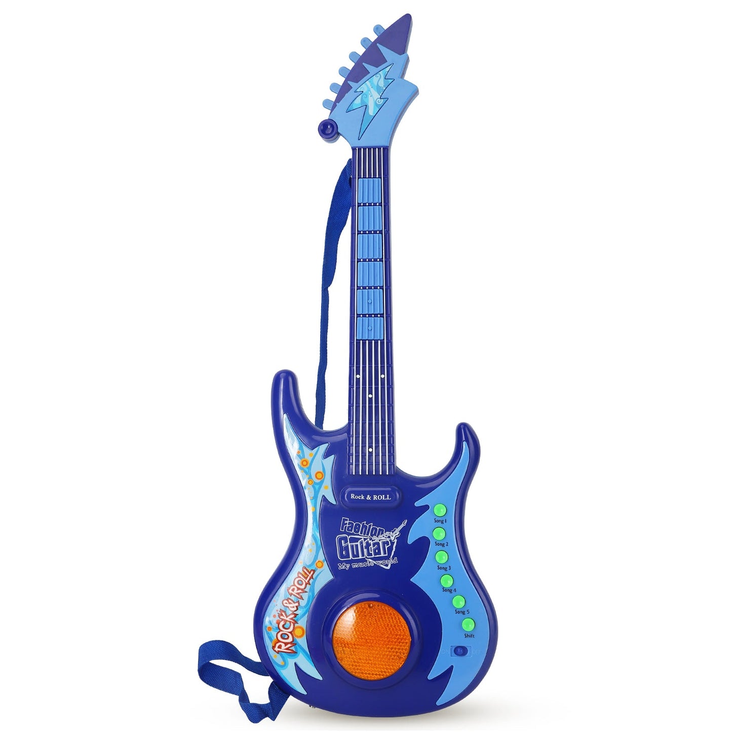 Blue electric guitar for kids with light and sound features, ideal for young music enthusiasts.