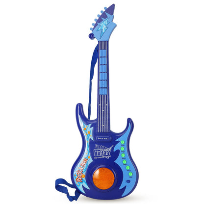 Blue electric guitar for kids with light and sound features, ideal for young music enthusiasts.