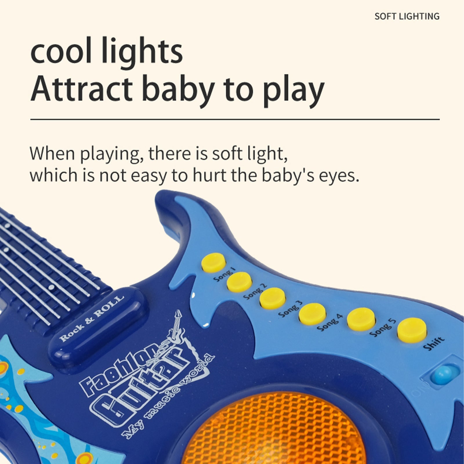 Blue kids' electric guitar with cool lights and soft lighting to attract and engage young players.