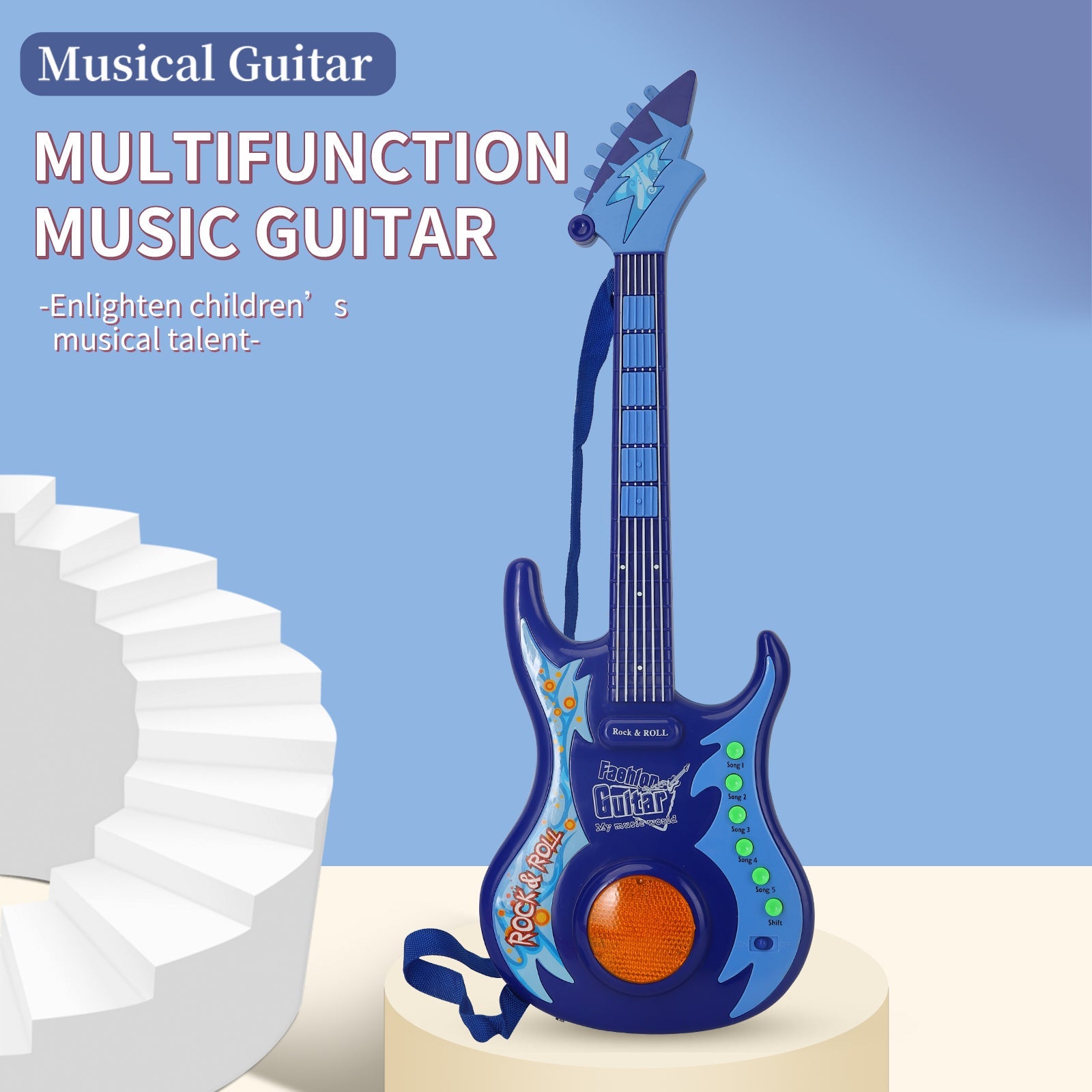 Blue multifunction music guitar for kids, designed to enlighten children's musical talent with various features.