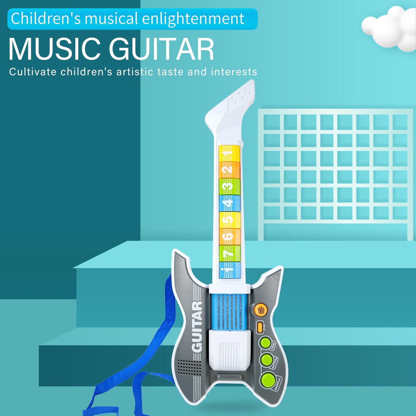 Children's electric guitar toy promoting musical enlightenment, showcasing colorful numbered keys and blue strap.