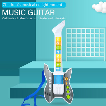 Children's electric guitar toy promoting musical enlightenment, showcasing colorful numbered keys and blue strap.